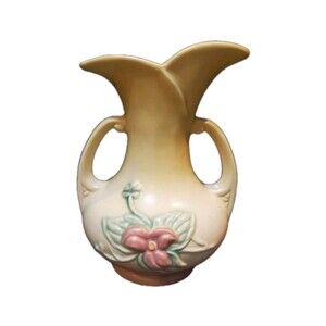 Hull Wildflower Vase W-8 7 1/2" Double Handle Pink Yellow Floral Art Pottery Vtg